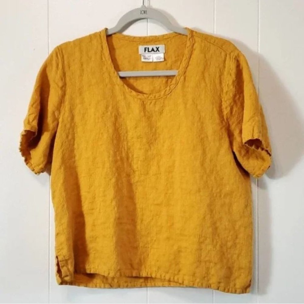 Flax Linen Mustard Yellow Scoop Neck Shirt Sleeve Top Small